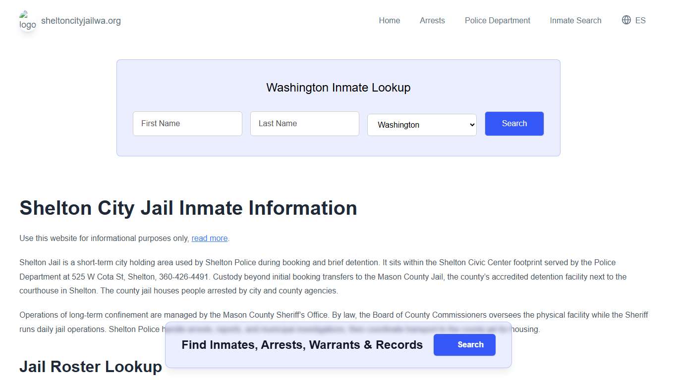 Shelton Jail, WA Inmate Roster, Municipal Jail Info